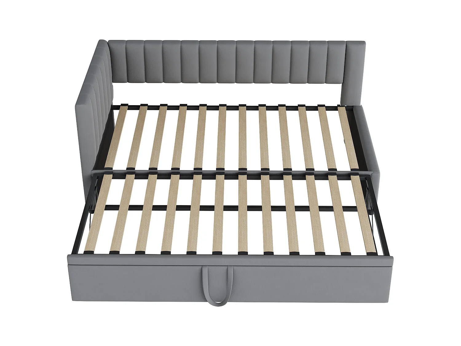 Lit enfant banquette 90/180x200cm gris clair en velours convertible, avec dossier et tête de lit rembourrés, sans matelas