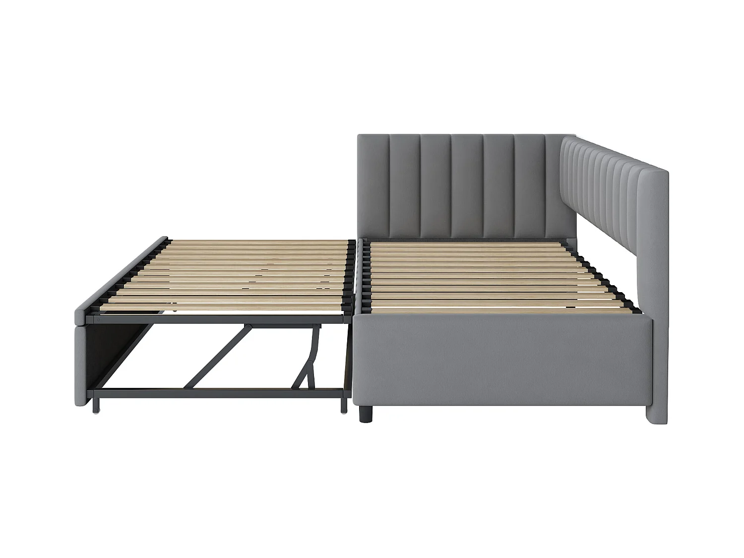 Lit enfant banquette 90/180x200cm gris clair en velours convertible, avec dossier et tête de lit rembourrés, sans matelas