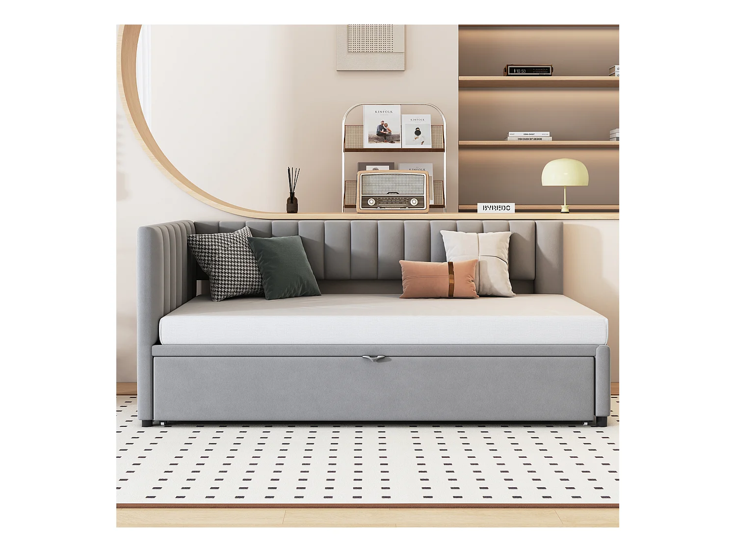 Lit enfant banquette 90/180x200cm gris clair en velours convertible, avec dossier et tête de lit rembourrés, sans matelas