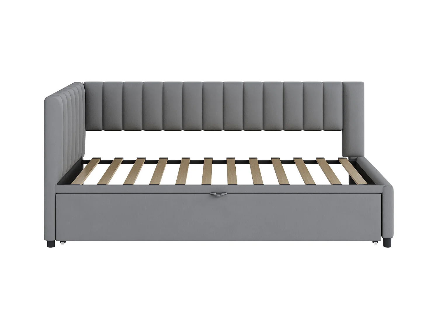 Lit enfant banquette 90/180x200cm gris clair en velours convertible, avec dossier et tête de lit rembourrés, sans matelas