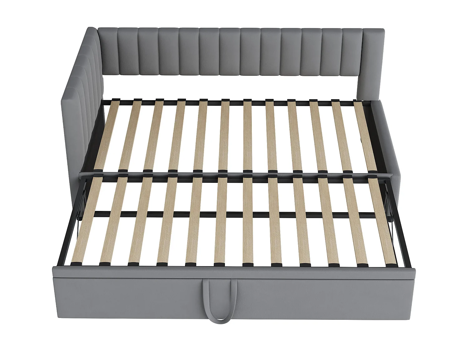 Lit enfant banquette 90/180x200cm gris clair en velours convertible, avec dossier et tête de lit rembourrés, sans matelas