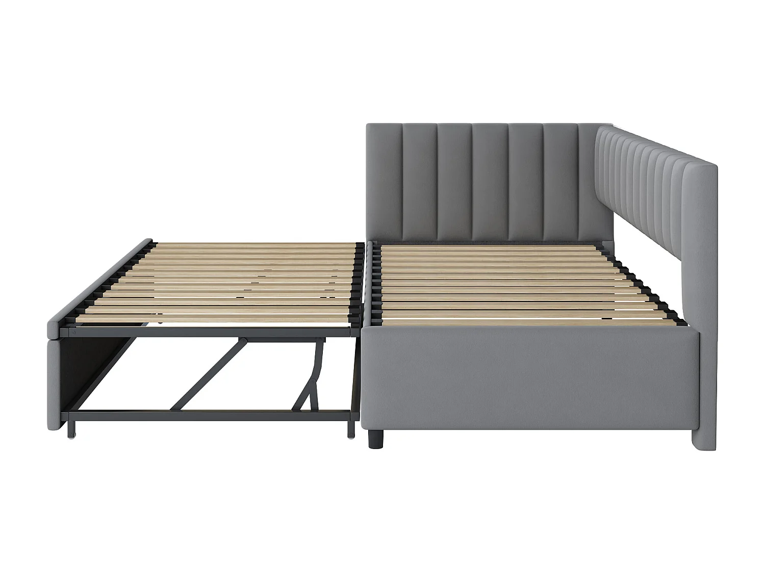Lit enfant banquette 90/180x200cm gris clair en velours convertible, avec dossier et tête de lit rembourrés, sans matelas