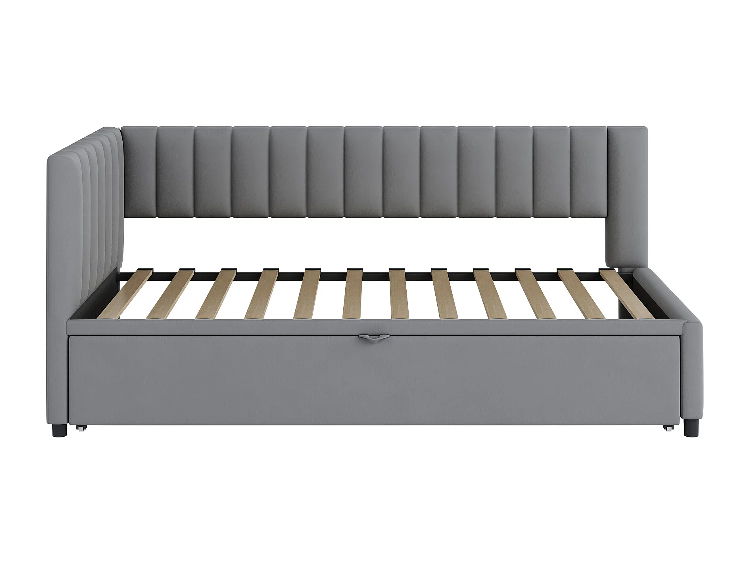 Lit enfant banquette 90/180x200cm gris clair en velours convertible, avec dossier et tête de lit rembourrés, sans matelas
