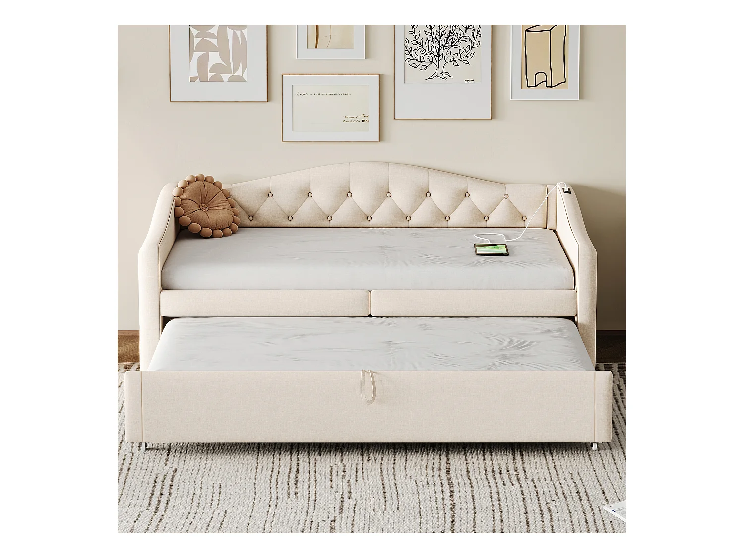 Lit enfant banquette 90x200cm beige en lin convertible, avec dossier et tête de lit rembourrés, sans matelas