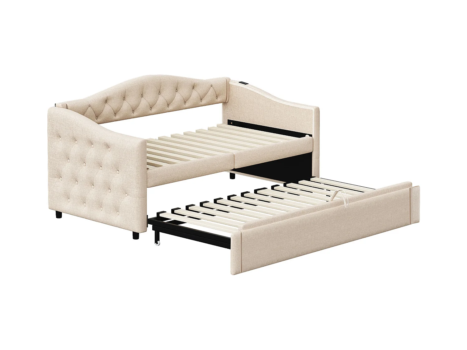Lit enfant banquette 90x200cm beige en lin convertible, avec dossier et tête de lit rembourrés, sans matelas