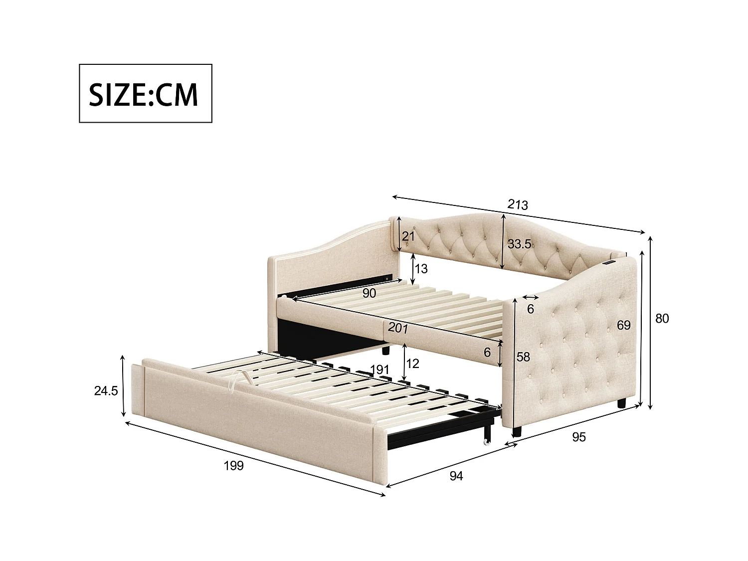 Lit enfant banquette 90x200cm beige en lin convertible, avec dossier et tête de lit rembourrés, sans matelas