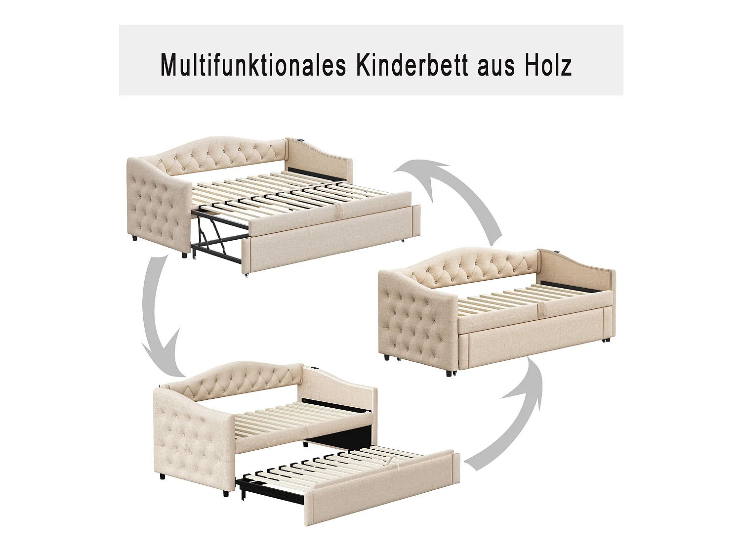 Lit enfant banquette 90x200cm beige en lin convertible, avec dossier et tête de lit rembourrés, sans matelas