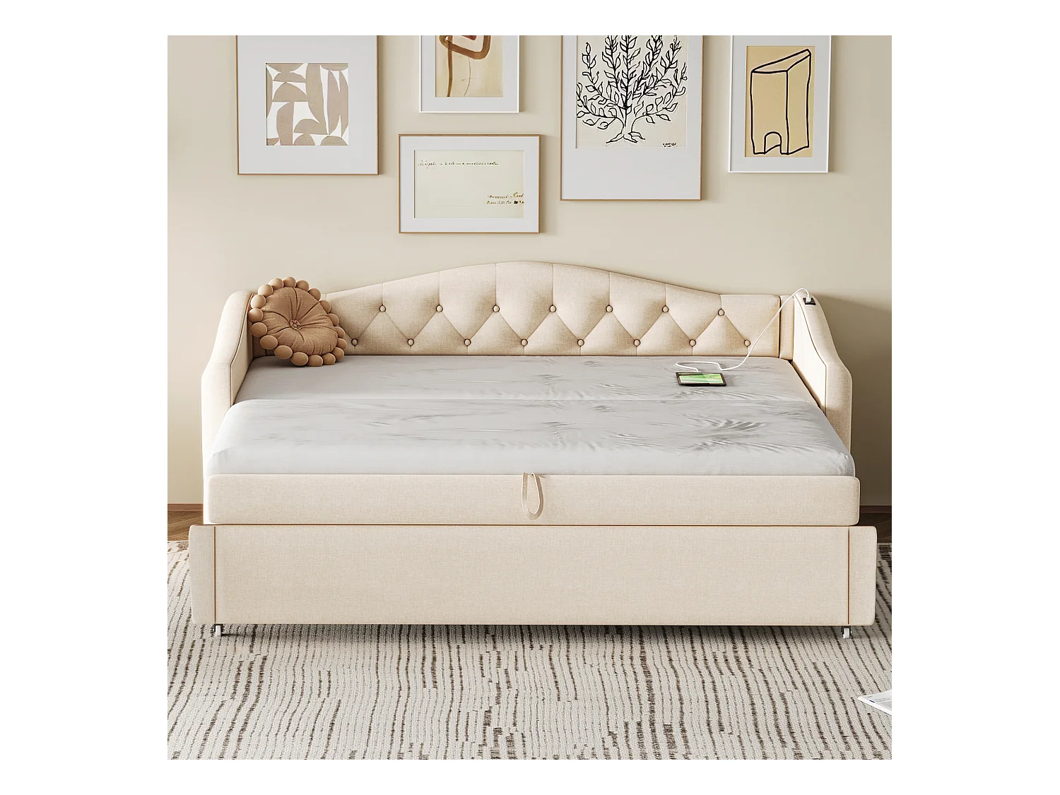 Lit enfant banquette 90x200cm beige en lin convertible, avec dossier et tête de lit rembourrés, sans matelas