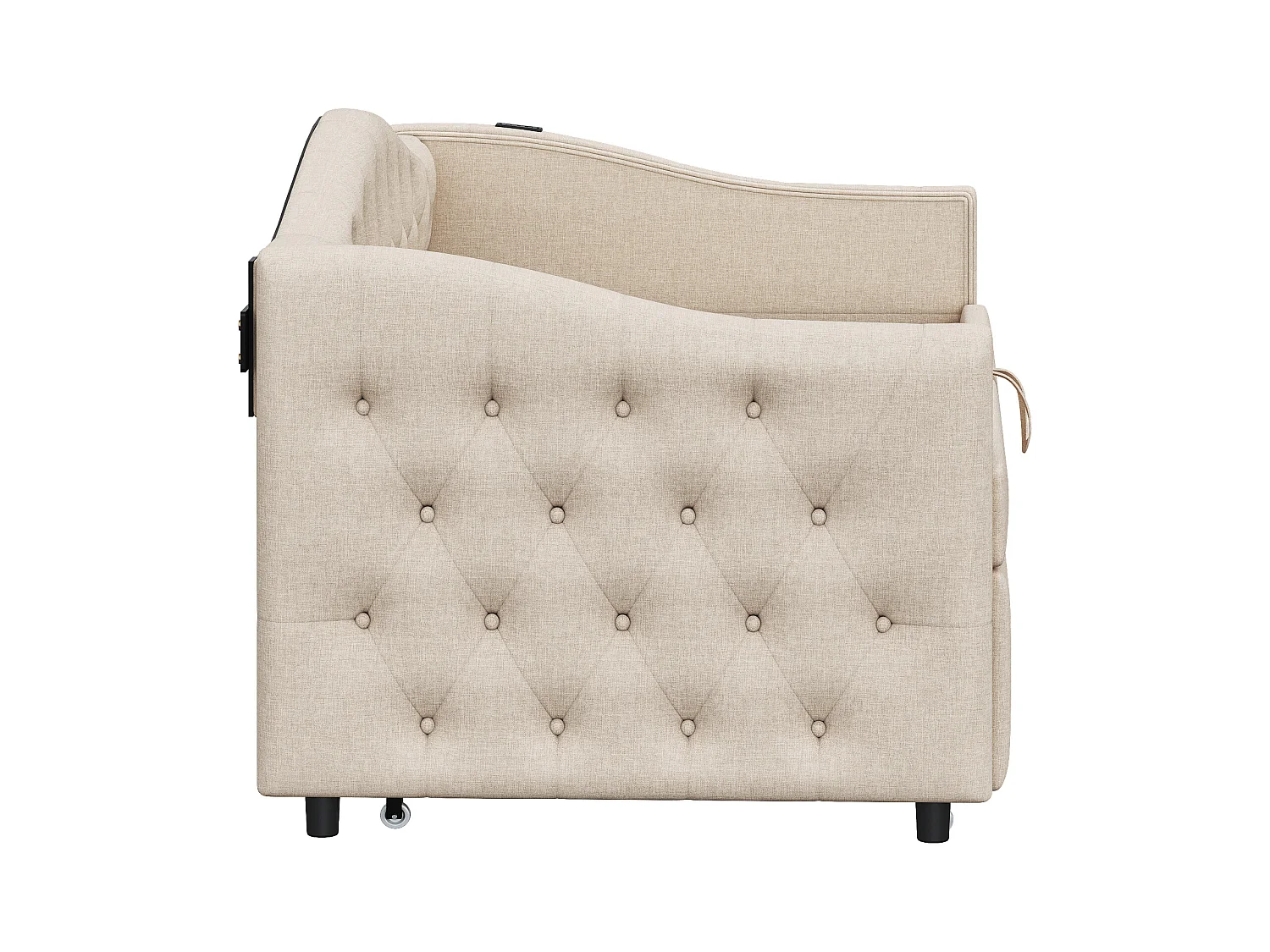Lit enfant banquette 90x200cm beige en lin convertible, avec dossier et tête de lit rembourrés, sans matelas
