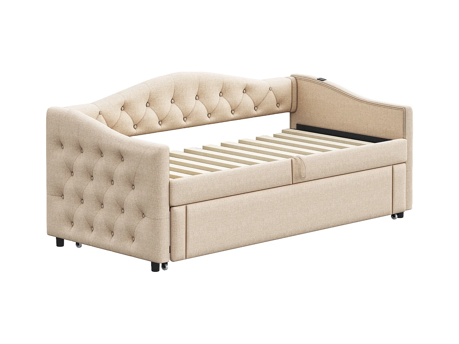 Lit enfant banquette 90x200cm beige en lin convertible, avec dossier et tête de lit rembourrés, sans matelas