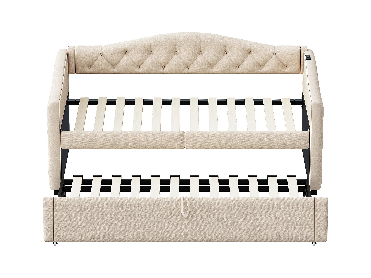 Lit enfant banquette 90x200cm beige en lin convertible, avec dossier et tête de lit rembourrés, sans matelas