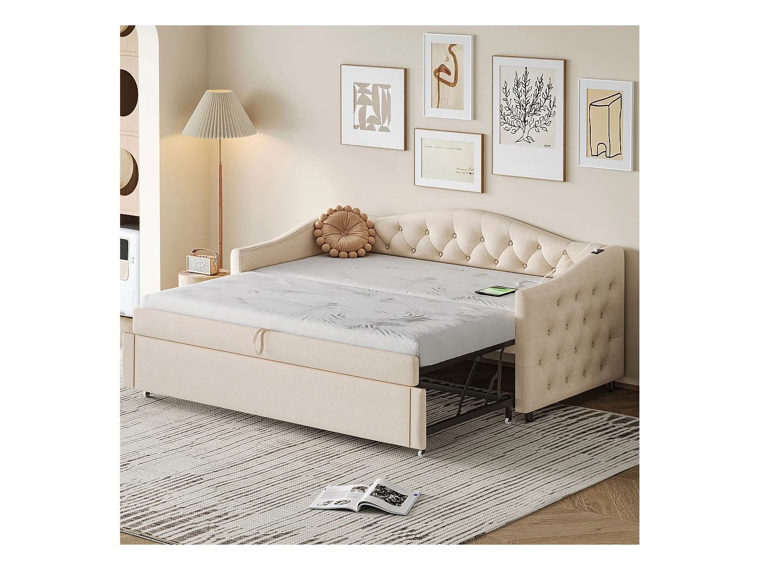 Lit enfant banquette 90x200cm beige en lin convertible, avec dossier et tête de lit rembourrés, sans matelas