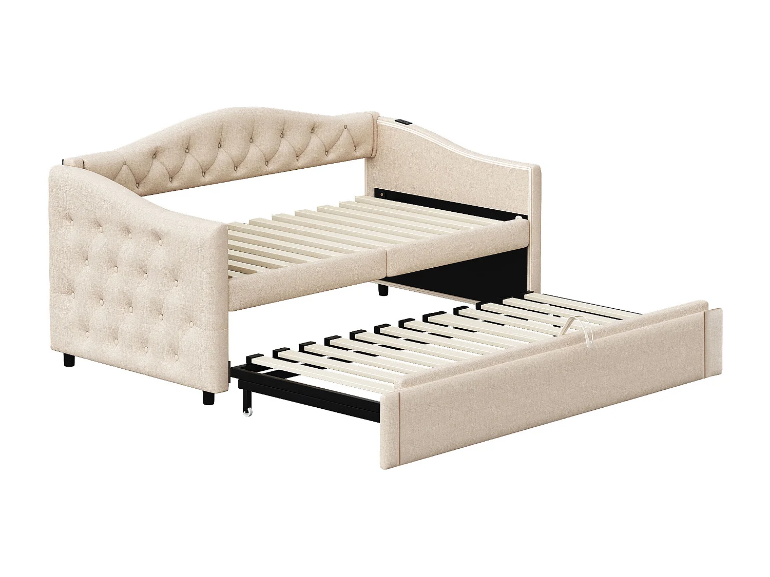 Lit enfant banquette 90x200cm beige en lin convertible, avec dossier et tête de lit rembourrés, sans matelas