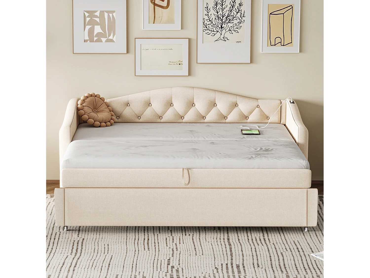 Lit enfant banquette 90x200cm beige en lin convertible, avec dossier et tête de lit rembourrés, sans matelas