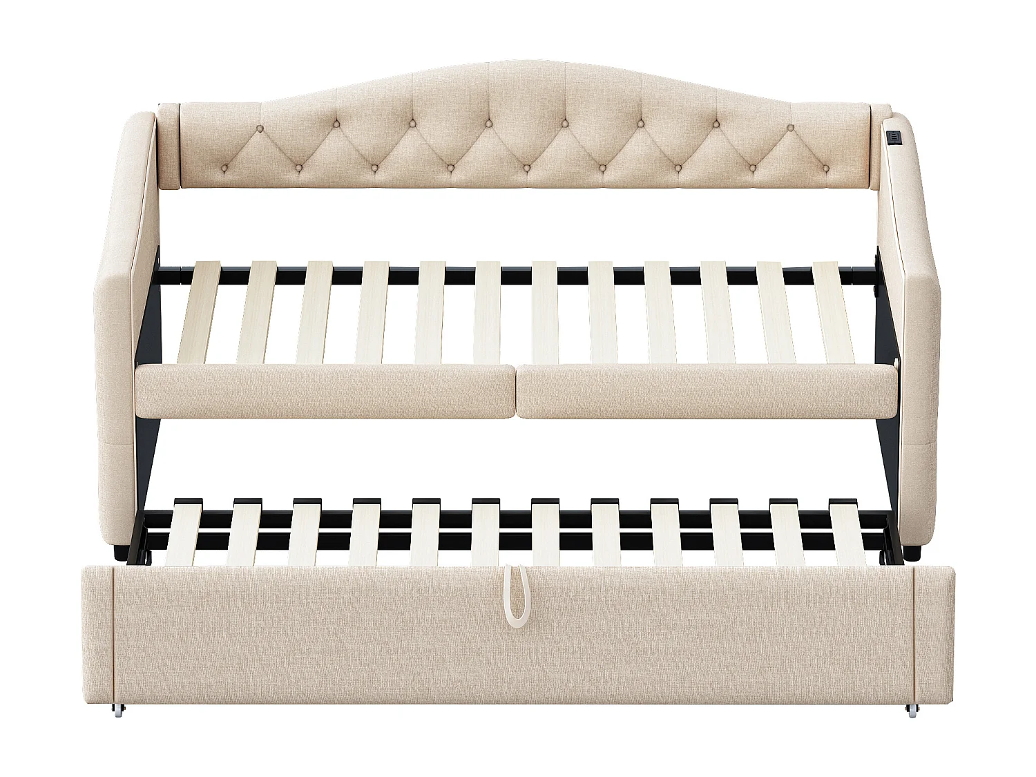 Lit enfant banquette 90x200cm beige en lin convertible, avec dossier et tête de lit rembourrés, sans matelas