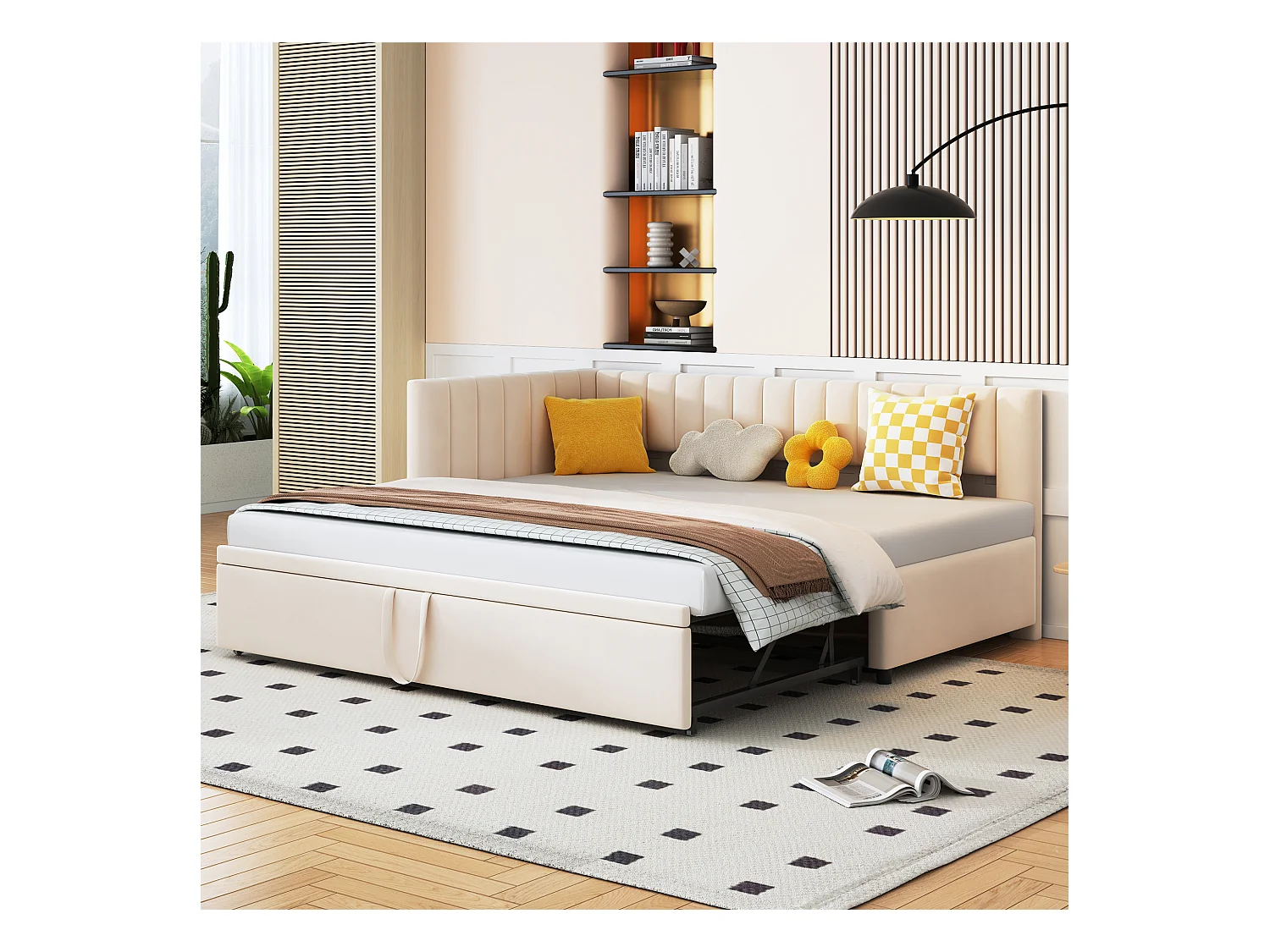 Lit enfant banquette 90/180x200cm beige en velours convertible, avec dossier et tête de lit rembourrés, sans matelas