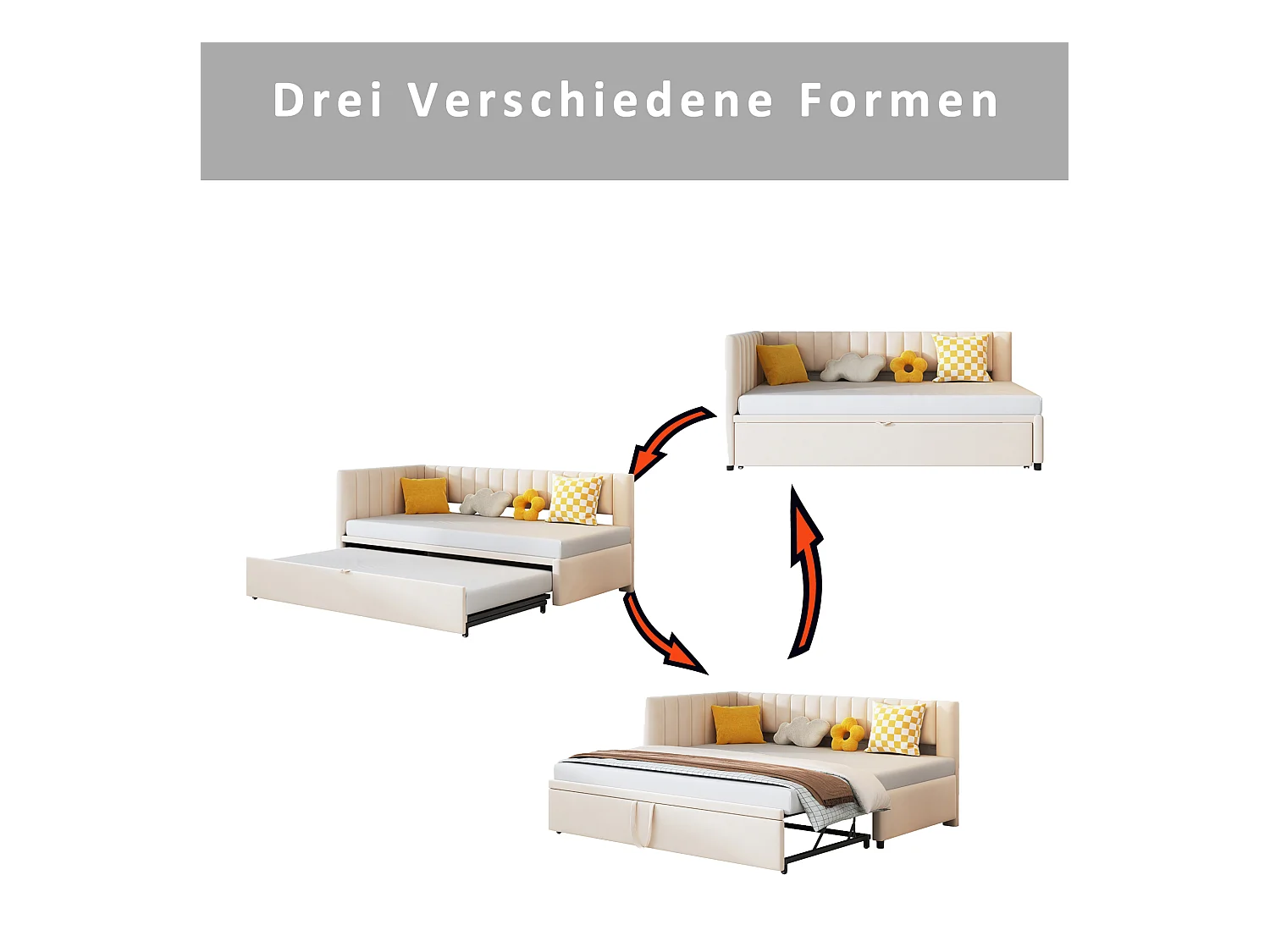 Lit enfant banquette 90/180x200cm beige en velours convertible, avec dossier et tête de lit rembourrés, sans matelas