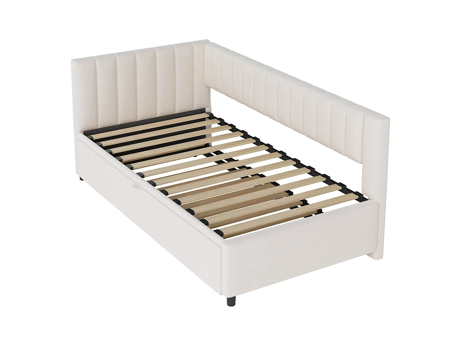 Lit enfant banquette 90/180x200cm beige en velours convertible, avec dossier et tête de lit rembourrés, sans matelas