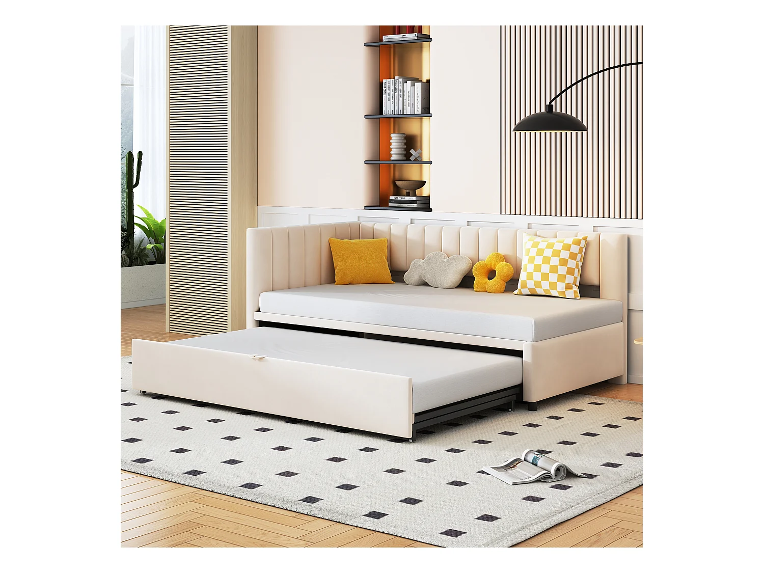 Lit enfant banquette 90/180x200cm beige en velours convertible, avec dossier et tête de lit rembourrés, sans matelas