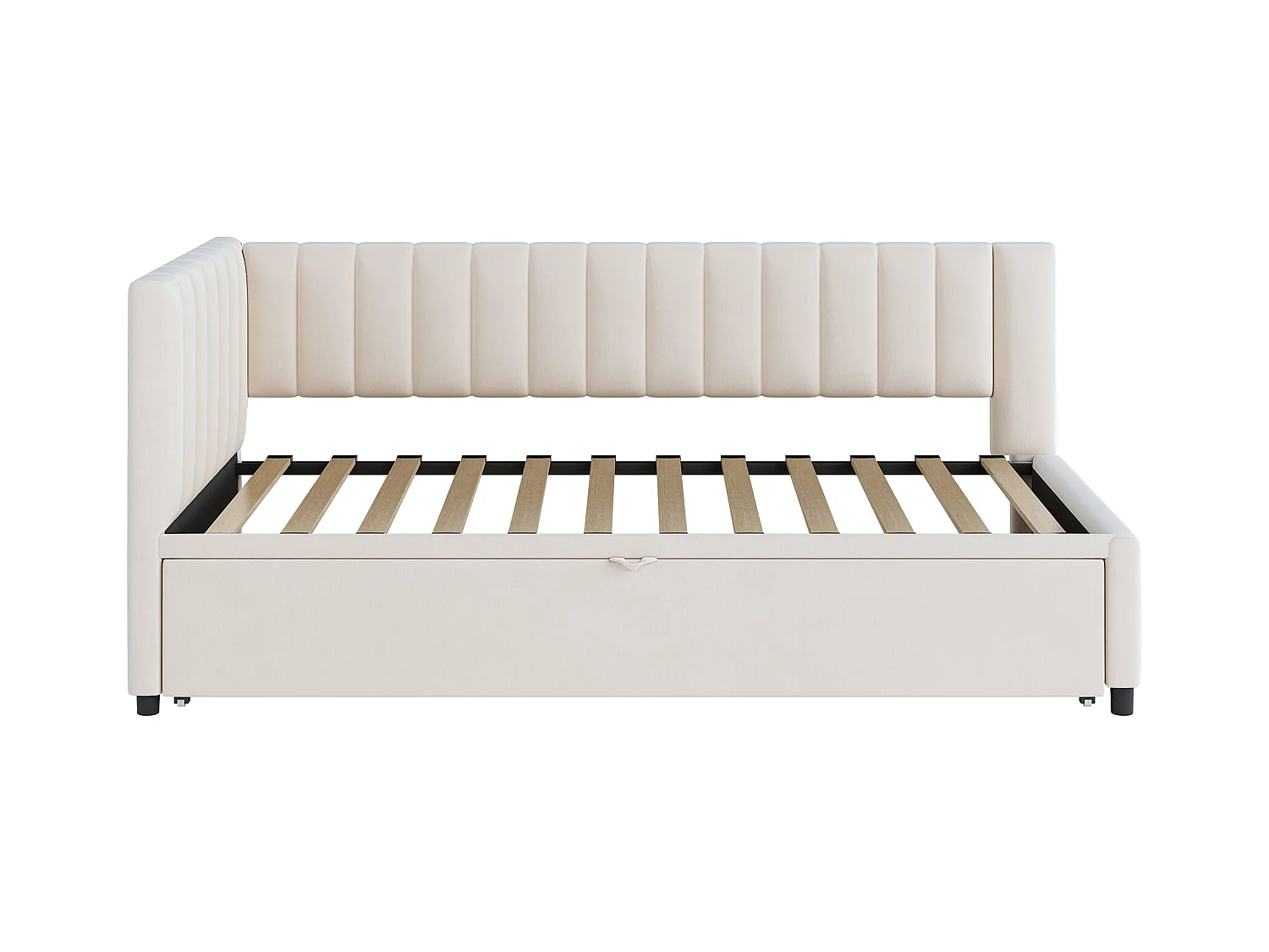 Lit enfant banquette 90/180x200cm beige en velours convertible, avec dossier et tête de lit rembourrés, sans matelas