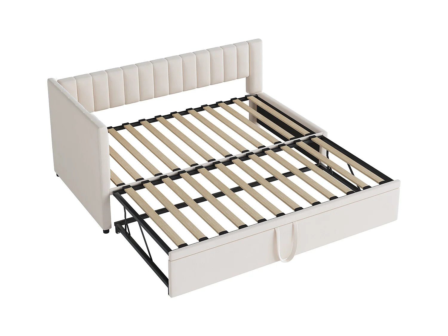 Lit enfant banquette 90/180x200cm beige en velours convertible, avec dossier et tête de lit rembourrés, sans matelas