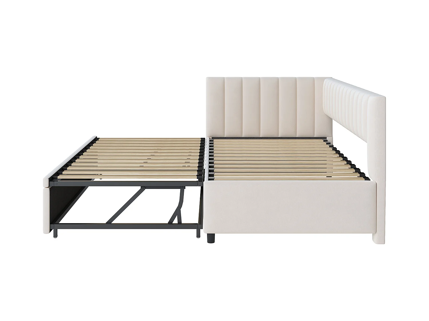 Lit enfant banquette 90/180x200cm beige en velours convertible, avec dossier et tête de lit rembourrés, sans matelas