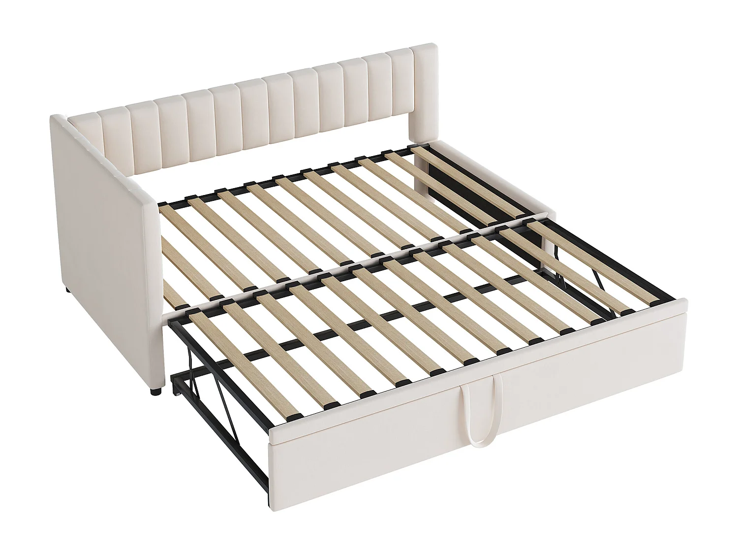 Lit enfant banquette 90/180x200cm beige en velours convertible, avec dossier et tête de lit rembourrés, sans matelas