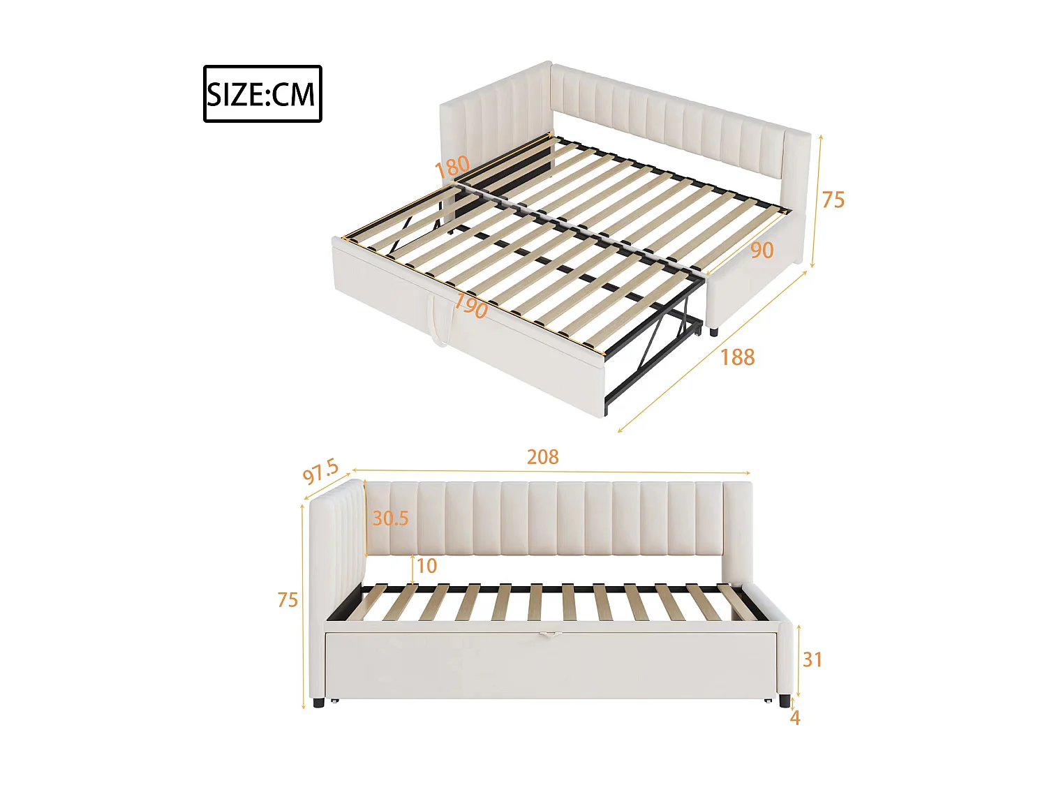 Lit enfant banquette 90/180x200cm beige en velours convertible, avec dossier et tête de lit rembourrés, sans matelas