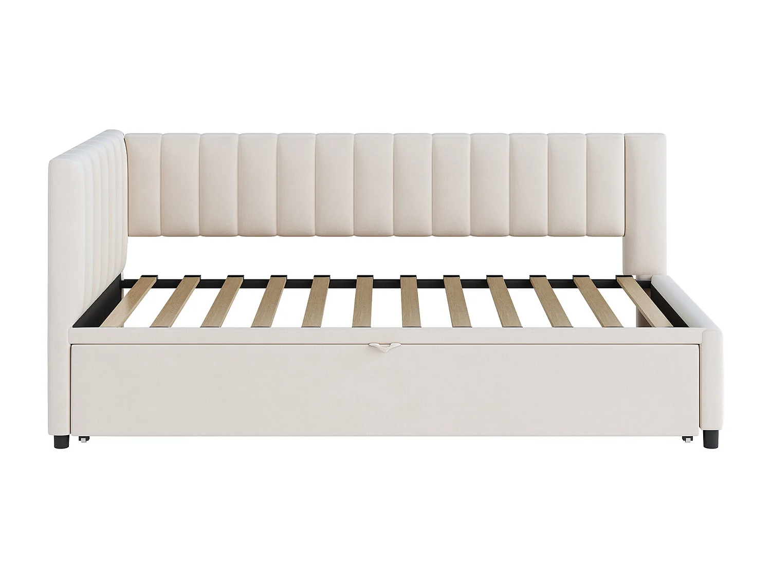Lit enfant banquette 90/180x200cm beige en velours convertible, avec dossier et tête de lit rembourrés, sans matelas