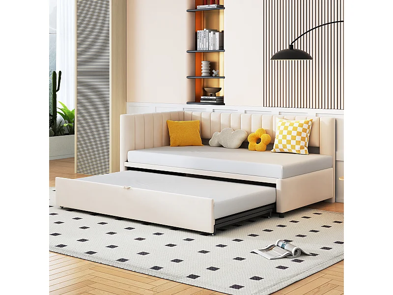 Lit enfant banquette 90/180x200cm beige en velours convertible, avec dossier et tête de lit rembourrés, sans matelas