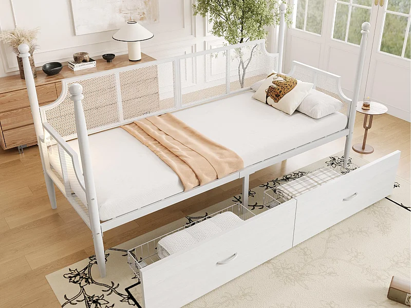 Schlafsofa aus Schmiedeeisen 90x200 cm - mit 2 Schubladen - Metallstruktur - mit Staufach - weiß