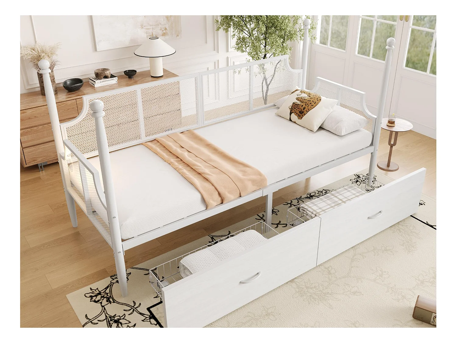 Canapé-lit en fer forgé 90x200 cm - Avec 2 tiroirs - Structure en métal - Avec compartiment de rangement - blanc