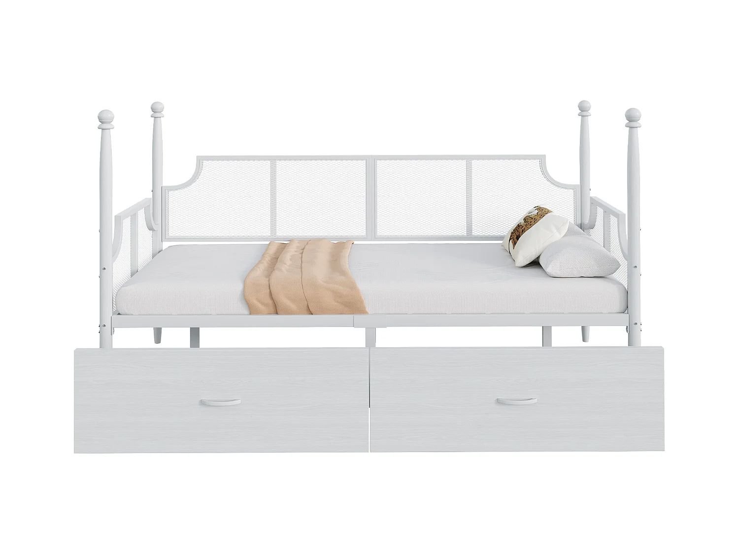 Canapé-lit en fer forgé 90x200 cm - Avec 2 tiroirs - Structure en métal - Avec compartiment de rangement - blanc