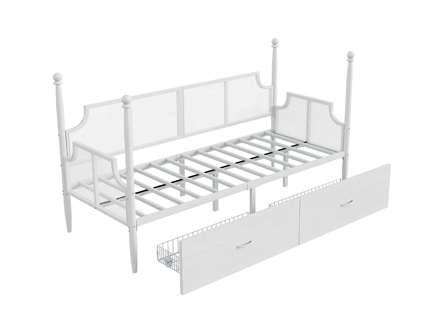 Canapé-lit en fer forgé 90x200 cm - Avec 2 tiroirs - Structure en métal - Avec compartiment de rangement - blanc