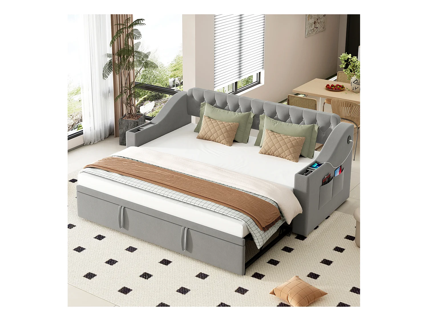 Lit enfant banquette 90/180x190cm gris clair en velours convertible, avec ports USB et prise secteur, sans matelas