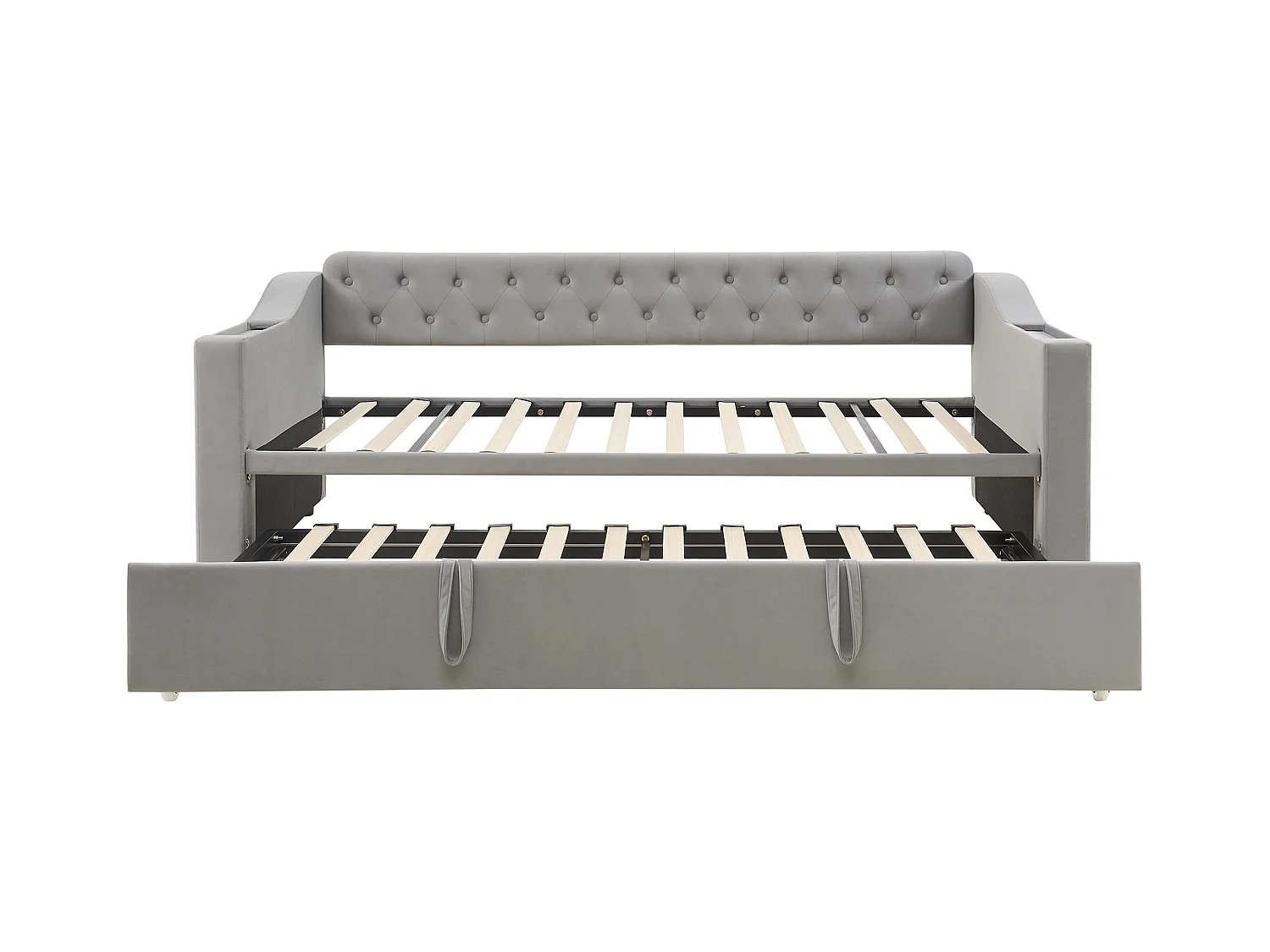 Lit enfant banquette 90/180x190cm gris clair en velours convertible, avec ports USB et prise secteur, sans matelas