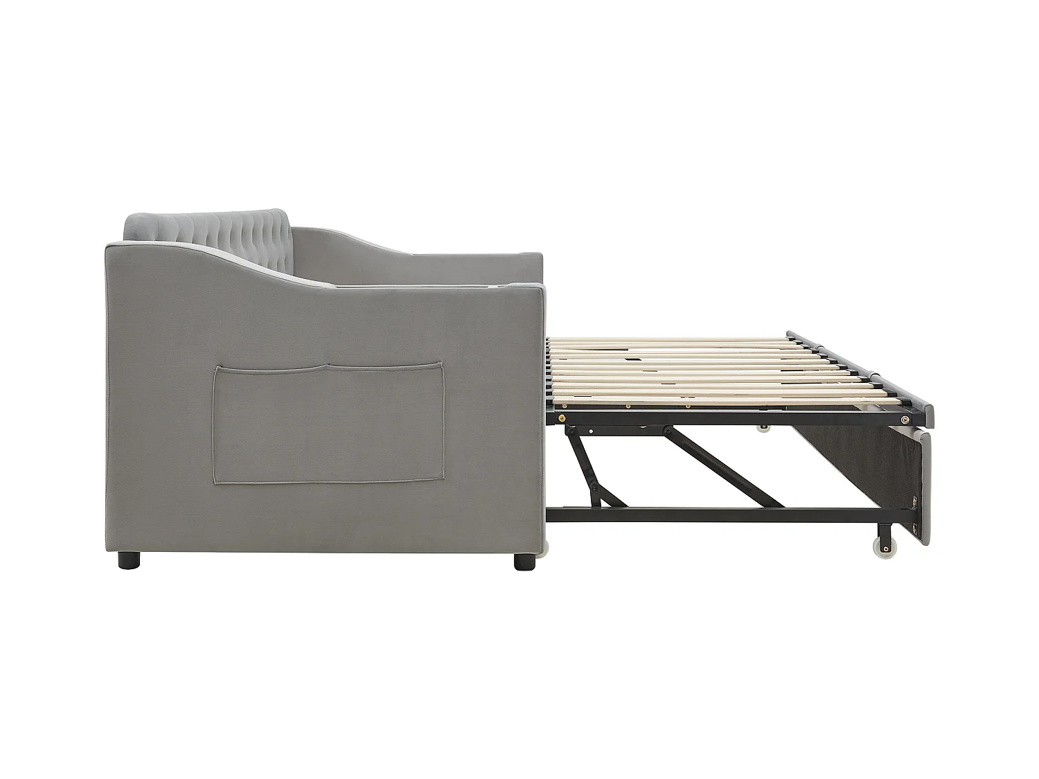 Lit enfant banquette 90/180x190cm gris clair en velours convertible, avec ports USB et prise secteur, sans matelas