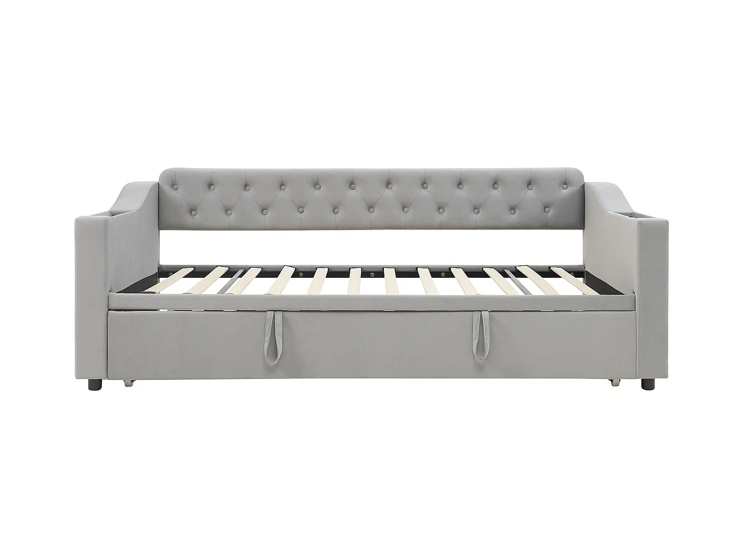 Lit enfant banquette 90/180x190cm gris clair en velours convertible, avec ports USB et prise secteur, sans matelas