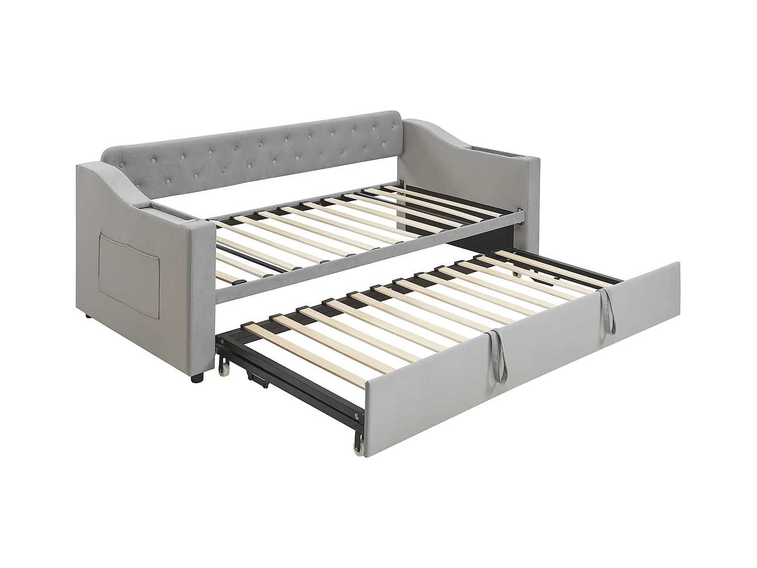 Lit enfant banquette 90/180x190cm gris clair en velours convertible, avec ports USB et prise secteur, sans matelas