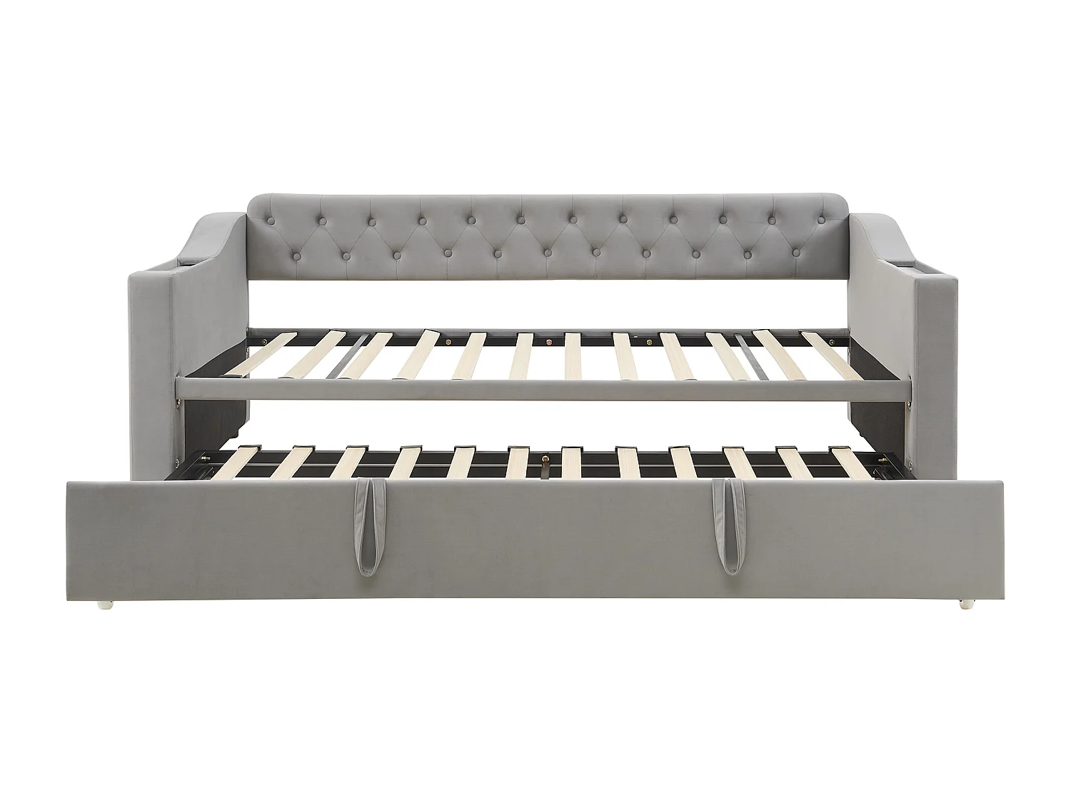 Lit enfant banquette 90/180x190cm gris clair en velours convertible, avec ports USB et prise secteur, sans matelas