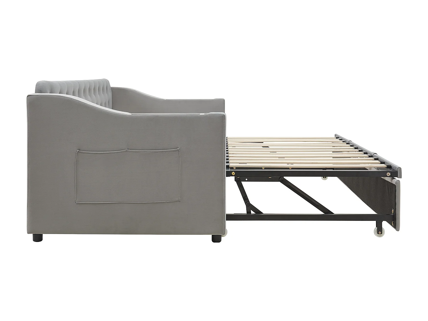 Lit enfant banquette 90/180x190cm gris clair en velours convertible, avec ports USB et prise secteur, sans matelas