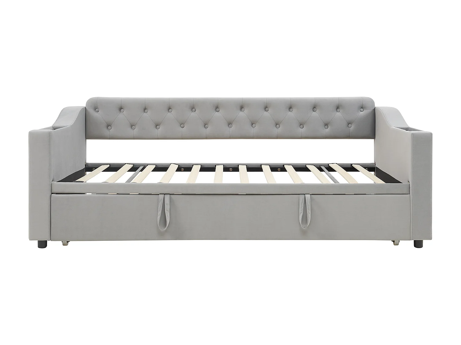 Lit enfant banquette 90/180x190cm gris clair en velours convertible, avec ports USB et prise secteur, sans matelas