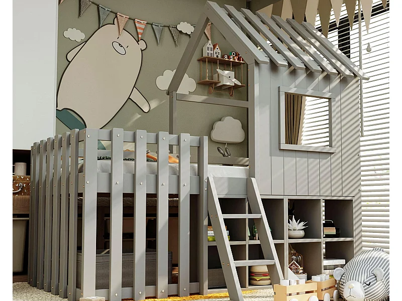 Letto capanna bambino 90x200 cm - con tetto + finestra - con scala a 2 gradini e mensole - grigio