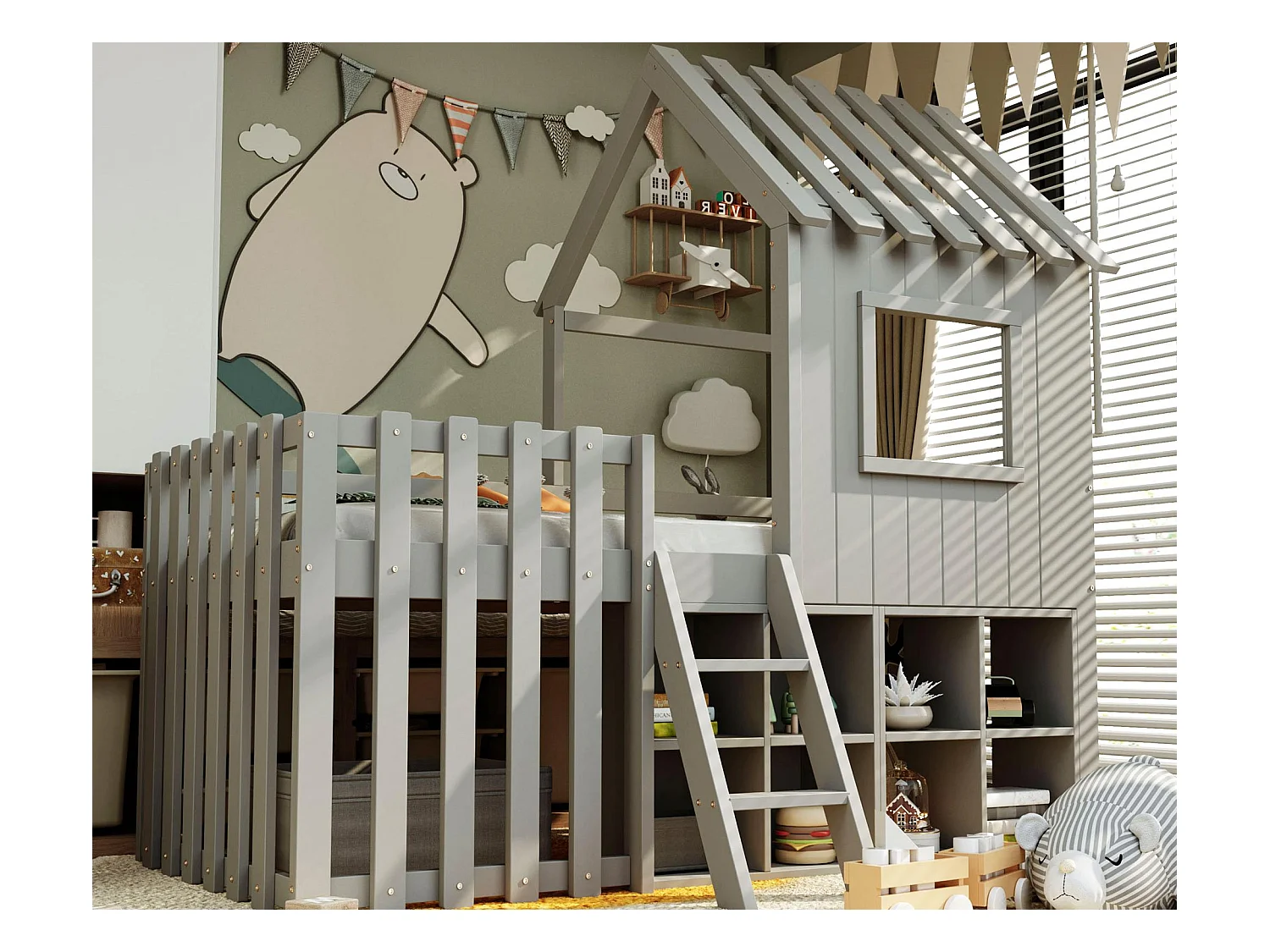 Lit cabane enfant 90x200cm - avec toit + fenêtre - avec échelle à 2 marches et étagères - gris