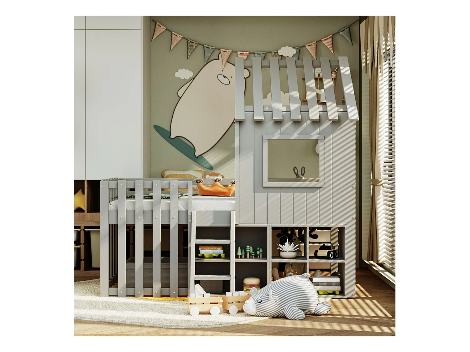 Lit cabane enfant 90x200cm - avec toit + fenêtre - avec échelle à 2 marches et étagères - gris