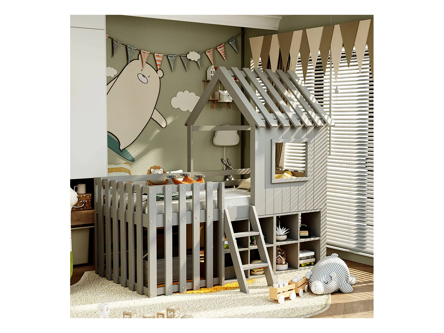 Lit cabane enfant 90x200cm - avec toit + fenêtre - avec échelle à 2 marches et étagères - gris