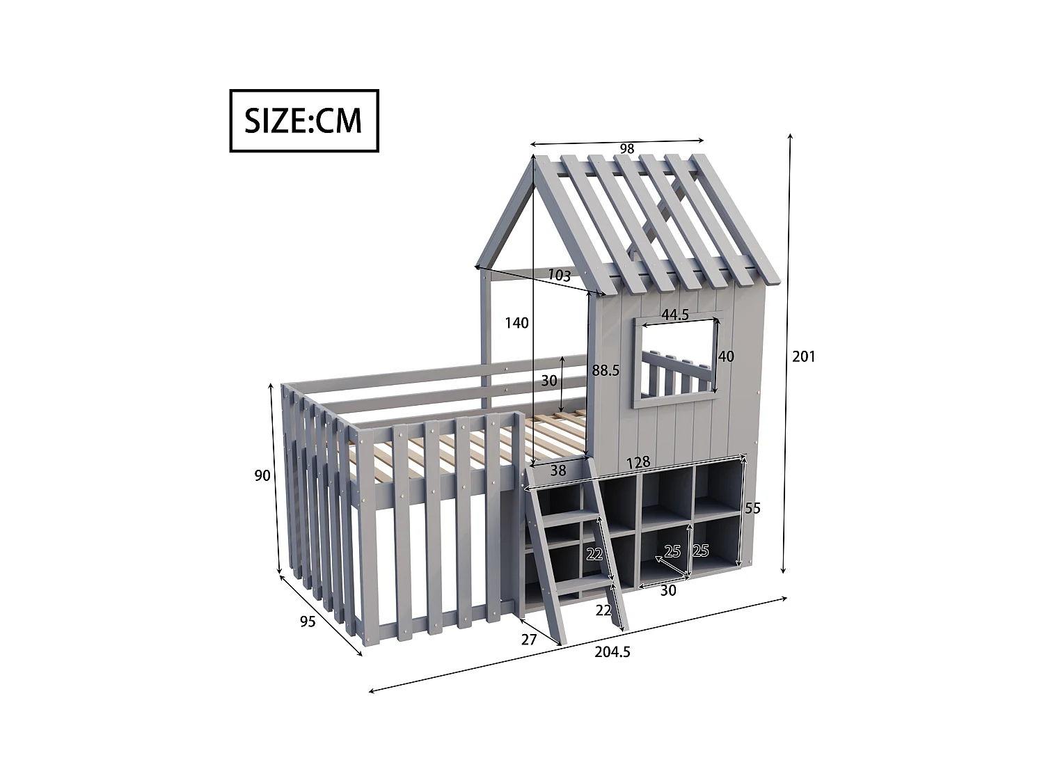 Lit cabane enfant 90x200cm - avec toit + fenêtre - avec échelle à 2 marches et étagères - gris