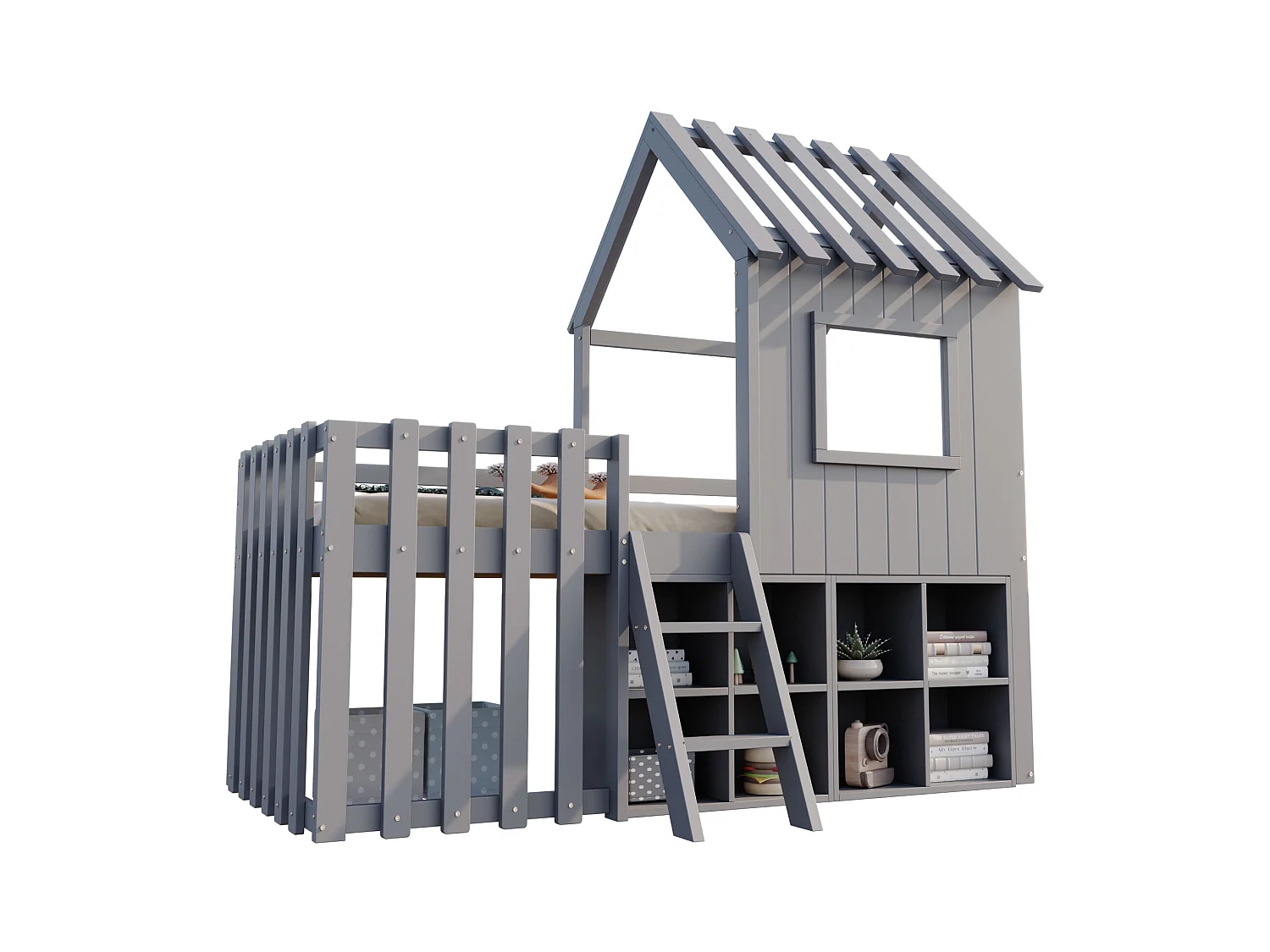 Lit cabane enfant 90x200cm - avec toit + fenêtre - avec échelle à 2 marches et étagères - gris