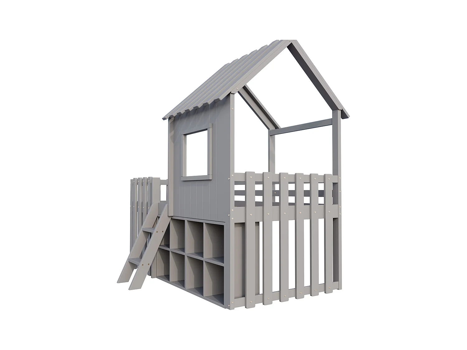 Lit cabane enfant 90x200cm - avec toit + fenêtre - avec échelle à 2 marches et étagères - gris