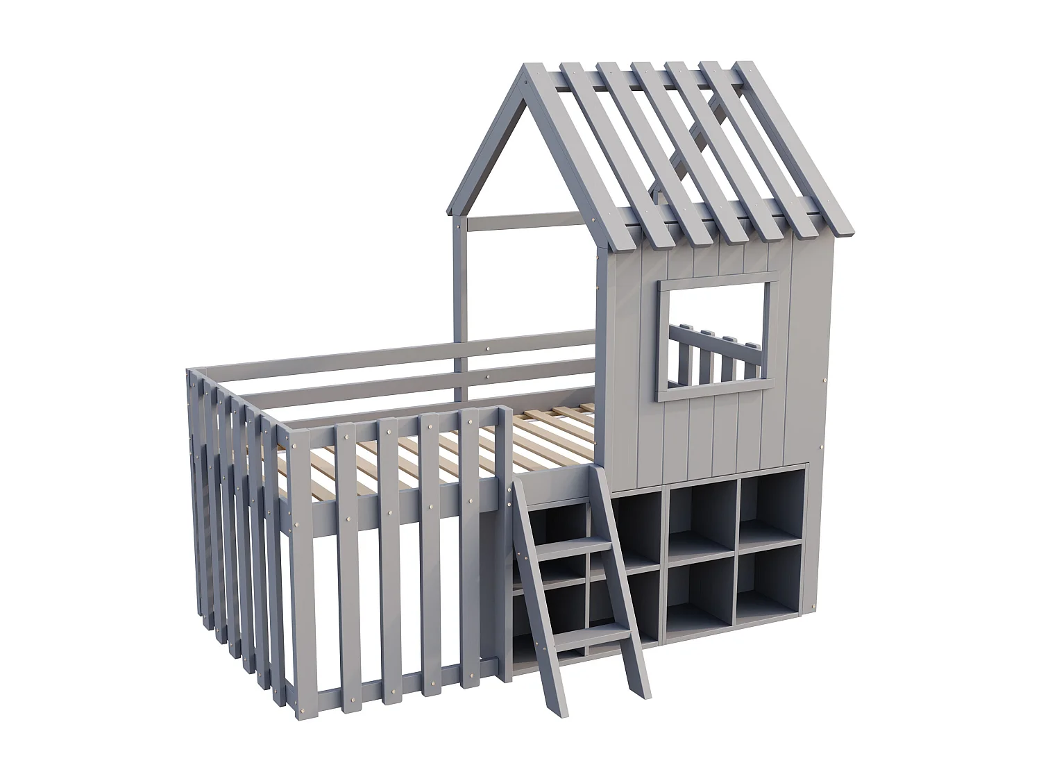 Lit cabane enfant 90x200cm - avec toit + fenêtre - avec échelle à 2 marches et étagères - gris